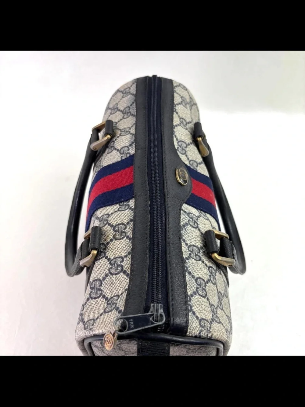 Gucci Beige GG Canvas Satchel with Navy and Red Web Stripe